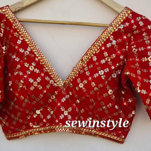 Red Sequin blouse, Bridal Blouse, Wedding Blouse, Saree Blouse, Sari Blouse, Crop top, Ready-made Blouse