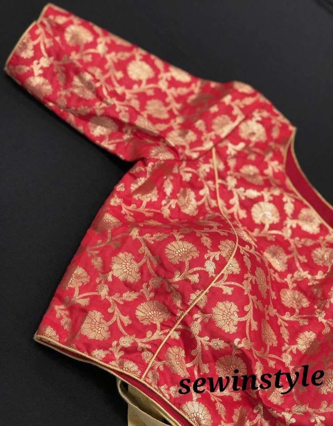 Red Brocade Blouse, Boat Neck Elbow Sleeves Blouse, Indian Designer