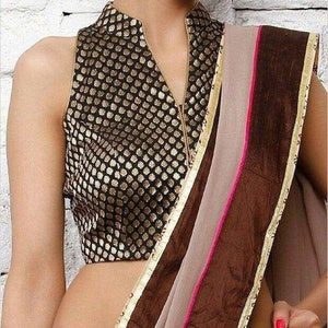 Black Banarsi Collar Blouse: Sleeveless Saree Top