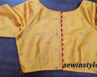 Yellow Silk Saree Blouse: Indian Crop Top with Elbow Sleeves