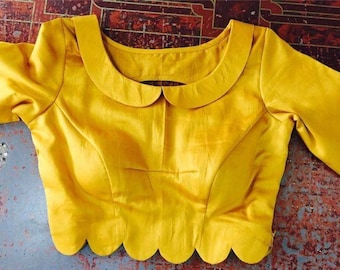 Mustard Yellow Peter Pan Collar Blouse, Elbow Sleeves Blouse, Indian  Designer Blouse, Crop Top, Saree Blouse, Sari Blouse, Wedding Blouse, R