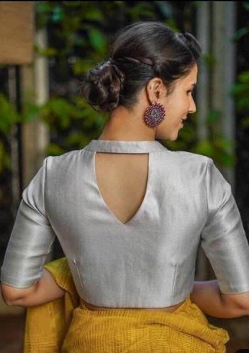 Silver Tissue Blouse, Elbow Sleeves Blouse, Indian Designer Blouse, Crop Top, Saree Blouse, Sari Blouse, Wedding Blouse, Ready-made Blouse. image 2