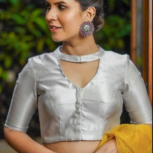 Silver Tissue Blouse, Elbow Sleeves Blouse, Indian Designer Blouse, Crop Top, Saree Blouse, Sari Blouse, Wedding Blouse, Ready-made Blouse. image 1
