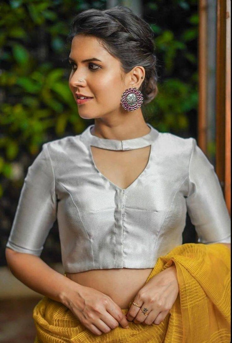 Silver Tissue Blouse, Elbow Sleeves Blouse, Indian Designer Blouse, Crop Top, Saree Blouse, Sari Blouse, Wedding Blouse, Ready-made Blouse. image 1