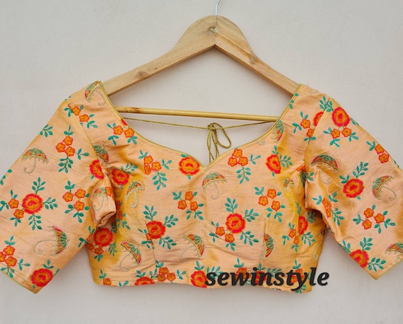 India製 designed embroidery rayon blouse Peach Silk Embroidery Blouse, Indian Designer Blouse, Crop