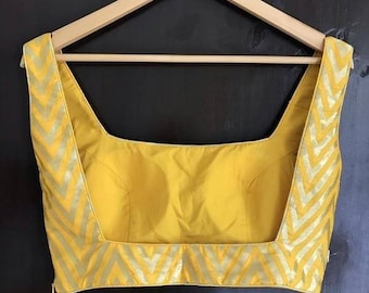 Yellow Silk Brocade Blouse, Indian  Designer Blouse, Square Neck Blouse, Street Blouse, Sari Blouse,   Crop Top,  Wedding Blouse, ready-made