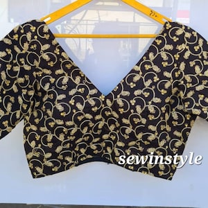 Black V neck Blouse, Elbow Sleeves Blouse, Indian Designer Blouse, Crop Top, Wedding Blouse, Saree Blouse, Sari Blouse, Ready-made Blouse.