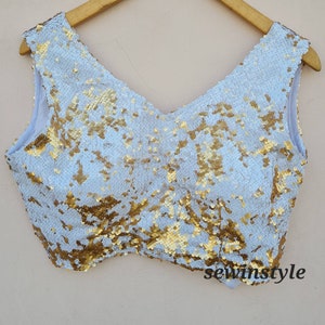 White and Gold Sequin Blouse, V neck Blouse, Indian Designer Blouse.
