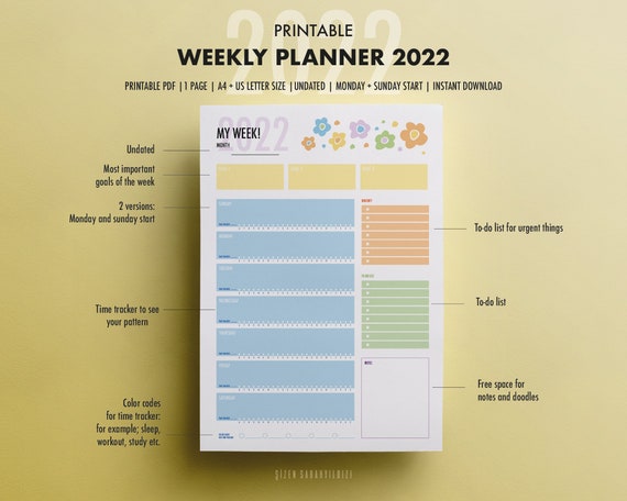 printable weekly planner weekly calendar 2022 printable pdf etsy