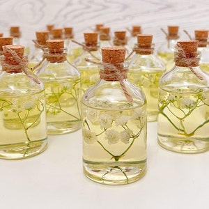 Könnte beinhalten: Eine Gruppe kleiner Glasflaschen mit Korkstopfen und Bindfadenakzenten. Jede Flasche ist mit einer klaren Flüssigkeit gefüllt und enthält kleine weiße Blüten.