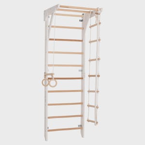 Kletterwand für Kinder und Erwachsene – Klettergerüst Indoor aus Holz mit Wand-Reck, Stange, Gymnastikringen, Kletterseil – Kinder 2 weiße