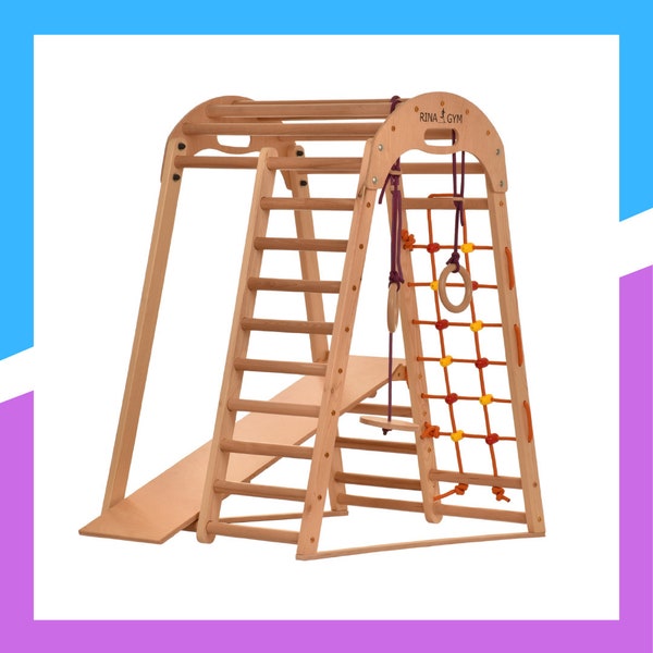 Kletterdreieck Indoor-Spielplatz aus Holz für Kinder - Kletternetz, schwedische Leiter, Ringe, Rutsc