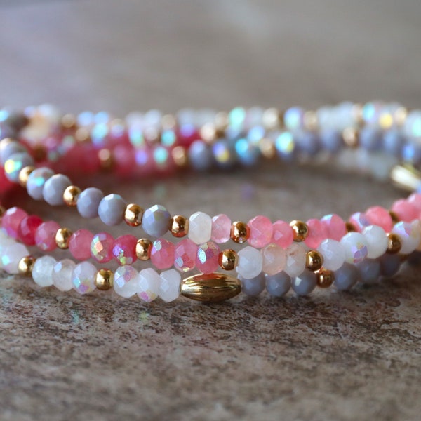 7" Mixed pink, cream, gray and gold Bracelets, Shades of Pink Friendship Bracelets, Stackable Stretch Bracelets, Sparkling Bracelets