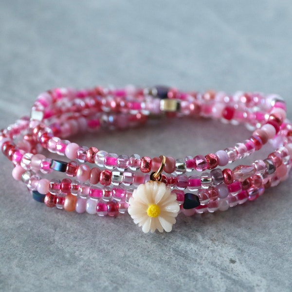 Pink Bracelets, Shades of Pink, Seed Bead Bracelets, Stretch Bracelets, Bracelets with a charm,Stackable Bracelets, Boho-chic look,Pink Love