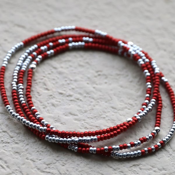 Lava Red and Silver Czech Glass Beads Bracelets, Dainty 11/0 Seed Bead Bracelets, 4-piece Stackable Stretchy Bracelets, Friendship Bracelets