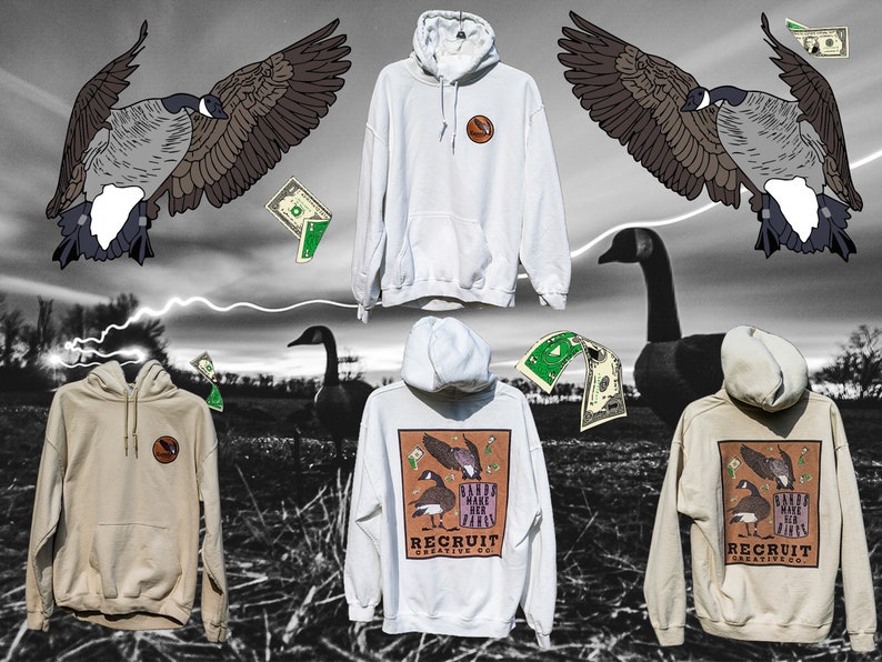 May include: Five hooded sweatshirts in various colors, including white and beige. The sweatshirts feature a graphic design of a goose with the text "Bands Make Her Fly" and "Recruit Creative Co."