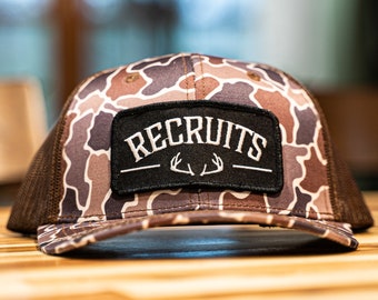Recruits Old School Dark Camo Snapback, camo hat, hunting hat, deer hunting patch hat, deer hunting hat, whitetail deer hat