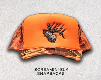 Screamin' Elk Snapback, Elk hunting hat, old school elk hunting, archery hunting, elk embroidery hat, bugling elk hat, orange foam elk hat