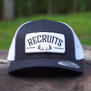Black and Whitetail Recruits Old School SnapBack, whitetail deer snapback, whitetail deer hunting hat, deer hunting patch hat, classic look