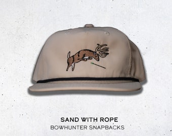 Bowhunter Snapback, deer hunting hat, old school deer hunting hat, bow hunter, archery hunting, deer embroidery hat, deer hat with rope