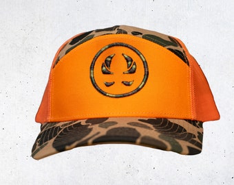 Logo Snapback, orange deer hunting hat, old school deer hunting hat, bow hunter, archery hunting, deer embroidery hat, deer hat with rope
