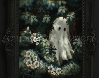 Little Garden Ghost Art Print | Spooky Cottagecore Art Print | Dark Home Decor | Halloween Art Print