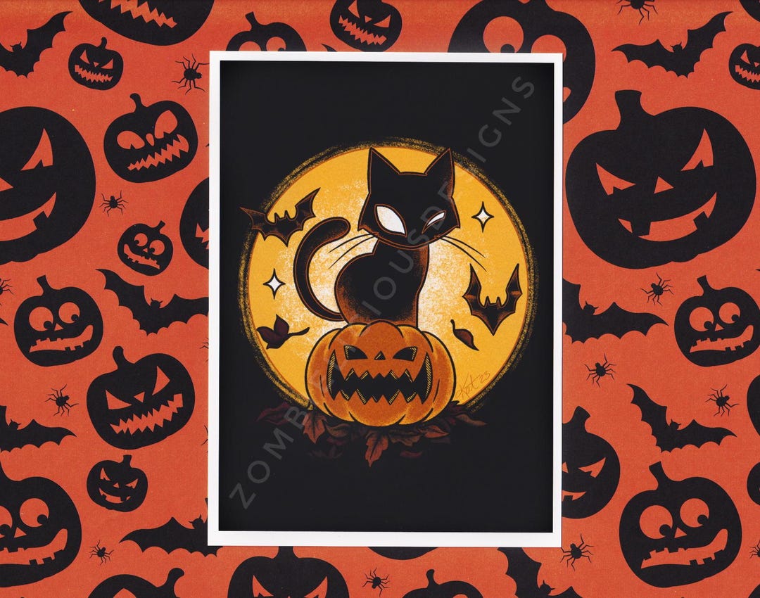 Black Cat and Pumpkin Gothic Art Print | Dark Home Decor | Halloween ...