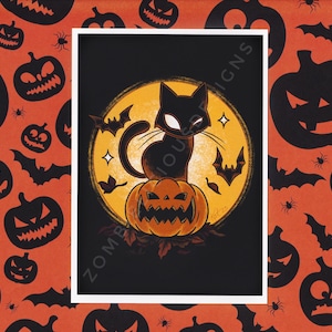 Black Cat and Pumpkin Gothic Art Print | Dark Home Decor | Halloween Art Print