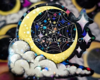 Witchy Moon Sticker, Spooky Cute Stickers, Crescent Moon Sticker, Spider Web Sticker