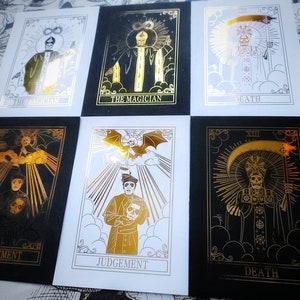 Impressions de cartes de tarot en feuille d'or de 7 x 5 po, le magicien, la mort, le jugement