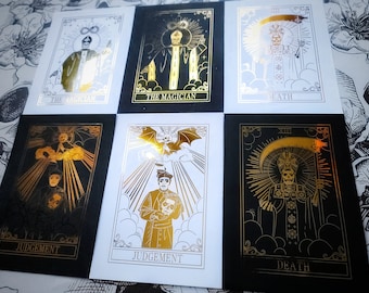 Impresiones de cartas del tarot en lámina dorada de 7"x5", El Mago, La Muerte, El Juicio