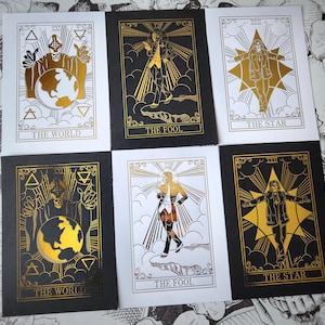 Impressões de cartas de tarô em folha de ouro de 7" x 5", O Louco, O Mundo, A Estrela