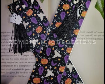 Pumpkins and Ghouls Double-sided Bookmark with Charm and Tassle