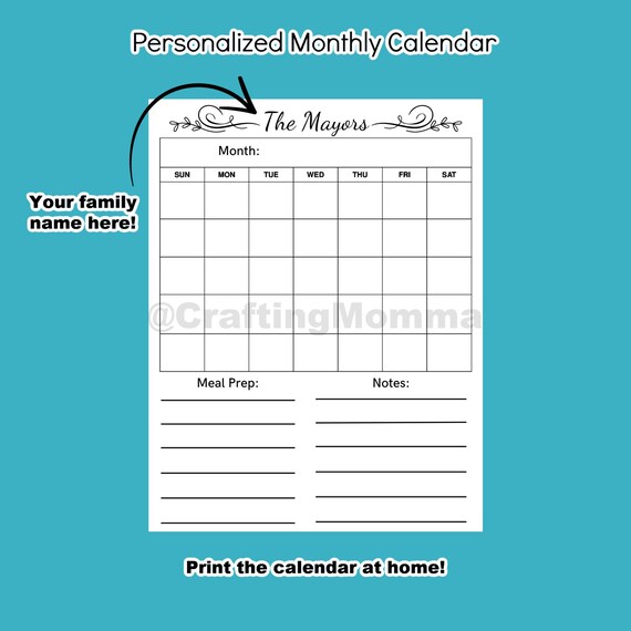 Personalized Monthly Calendar Printable Planner - Etsy