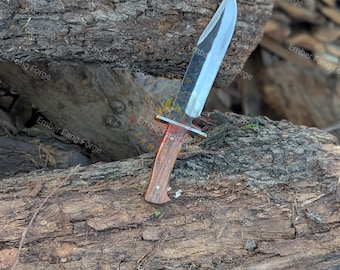 Handmade Full Tang Bowie Knife, Carbon Steel Blade, Rosewood Handle, Leather Sheath