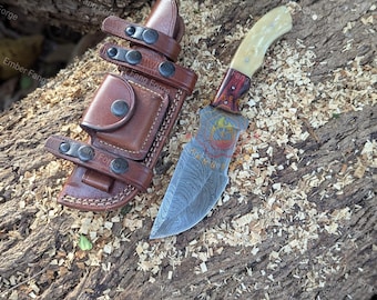 Handmade Damascus Steel Tracker Knife, Rosewood & Camel Bone Handle, Leather Sheath