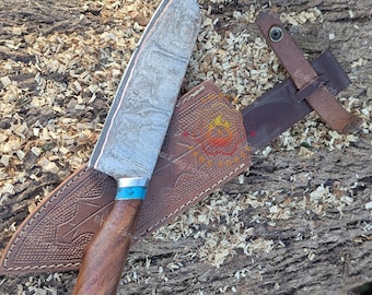 Handmade Copper Damascus Santoku Chef Knife, 8-Inch Blade, San Mai Steel, Includes Leather Sheath