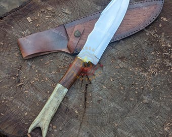 Legend of The Fall Handmade D2 Steel Bowie Knife: Stag Antler Handle, Leather Sheath