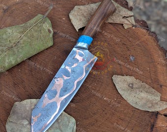 Handmade Copper Damascus Santoku Chef Knife – 8-Inch San Mai Blade, 512 Layers
