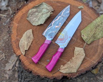 Handmade Copper Damascus Santoku Knife – 8-Inch San Mai Blade, Pink Turquoise Handle (Sheath Included)