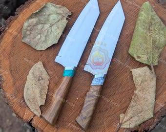 Handgemaakt J2 stalen koksmes santoku – 8 inch mes, turkoois rozenhouten handvat (leren schede)