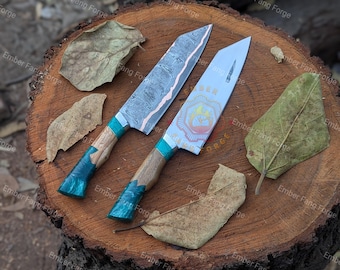Handmade Copper Damascus Santoku Knife – 8-Inch San Mai Blade, 512 Layers Resin Handle Sheath
