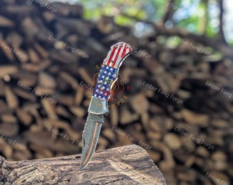 Hand-Forged Copper Damascus Folding Knife, American Flag Resin Handle, Engravable Pocket Tool