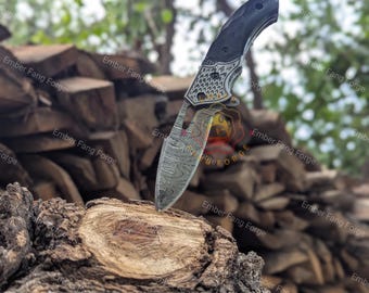 Personalized Damascus Steel Folding Knife, Buffalo Horn Handle, Pocket Friendly Tool