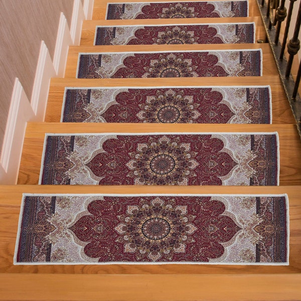 Sarouk Design Stair Treads Rug, Oriental Stair Carpet, Classic Stair Runner, Ultra Thin Stair Mat, Modern Step Pad, Machine Washable Rug