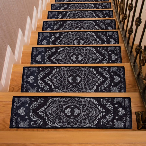 Sorna Design Stair Treads Rug, Black Stair Carpet, Aesthetic Stair Runner, Ultra Thin Stair Mat, Modern Step Pad, Machine Washable Rug