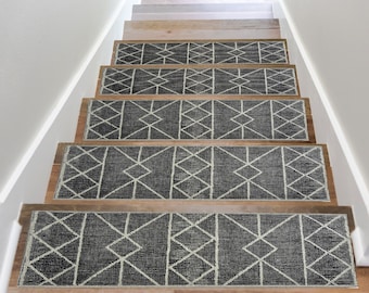 Scandinavian Stair Treads Carpet, Geometric Stair Rug, Gray Stair Runner, Ultra Thin Stair Mat, Non-Slip Step Rug, Machine Washable Rug