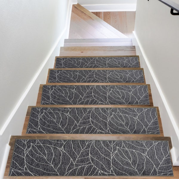 Leaf Design Stair Runner Rug, Gray Stair Treads Carpet, Non-Slip Stair Runner, Ultra Thin Stair Mat, Modern Step Rug, Machine Washable Rug