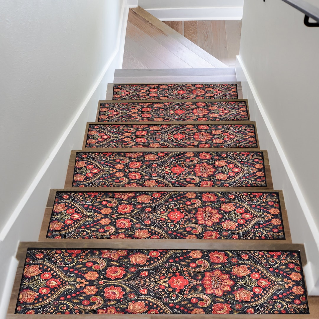 Red Flower Stair Rug, Ethnic Floral Stair Treads Carpet, Modern Stair