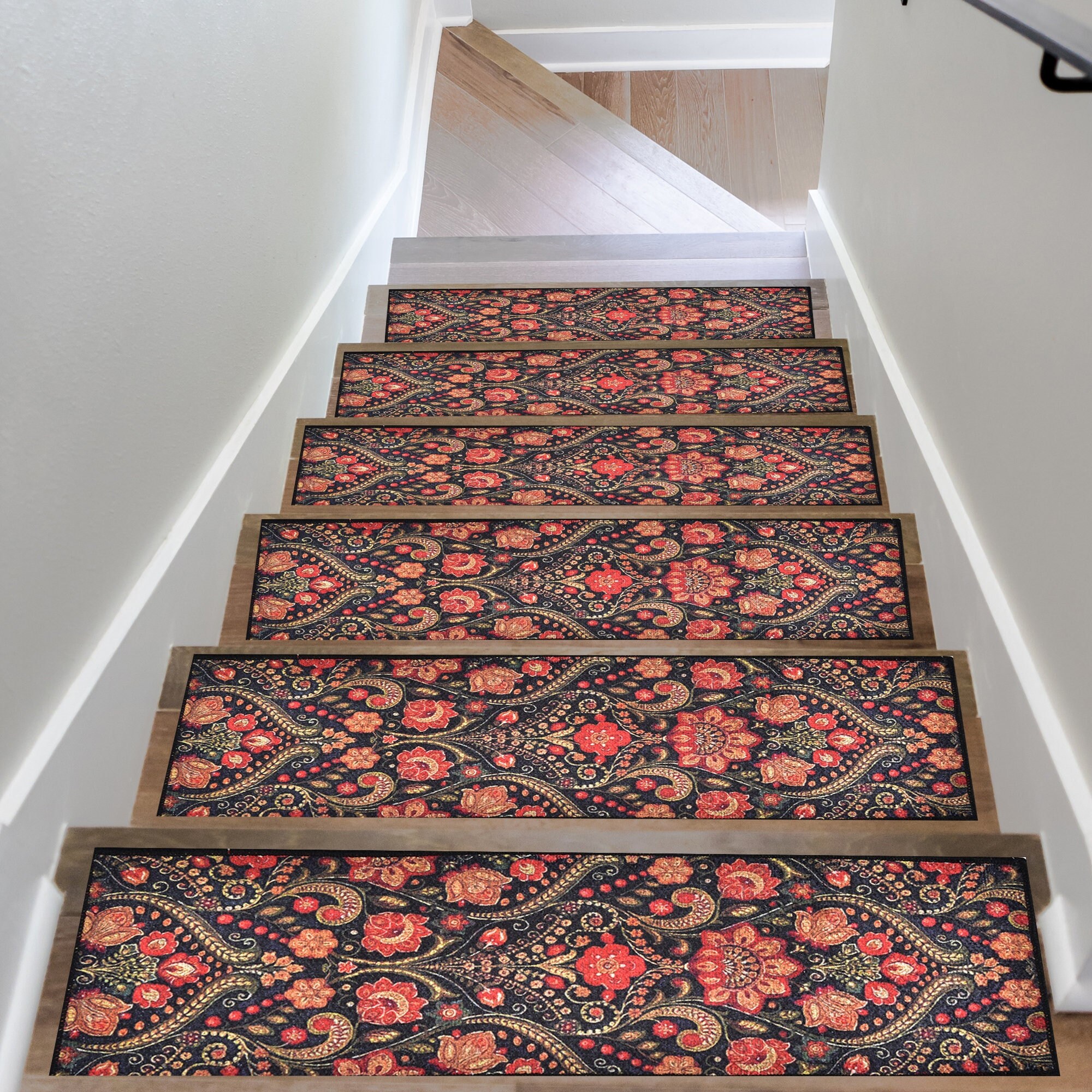 Staircase Rug Designs Red Flower Stair Rug Ethnic Floral Stair Treads Carpet - Etsy